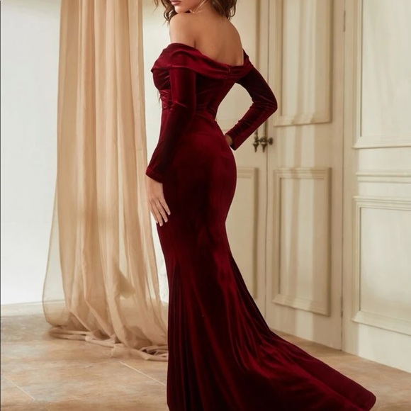 Party evening dress gown velvet long maxi off shoulder sexy burgundy red - Picture 6 of 7